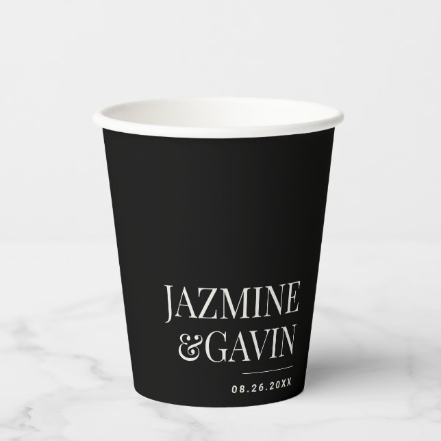 Black Minimalist Modern Personalized Wedding Paper Cups (Front)