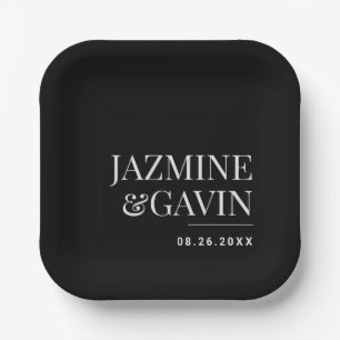 Black Minimalist Modern Personalized Wedding Paper Plate