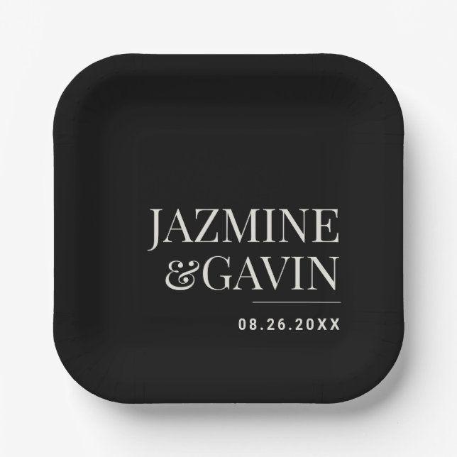 Black Minimalist Modern Personalized Wedding Paper Plate (Front)