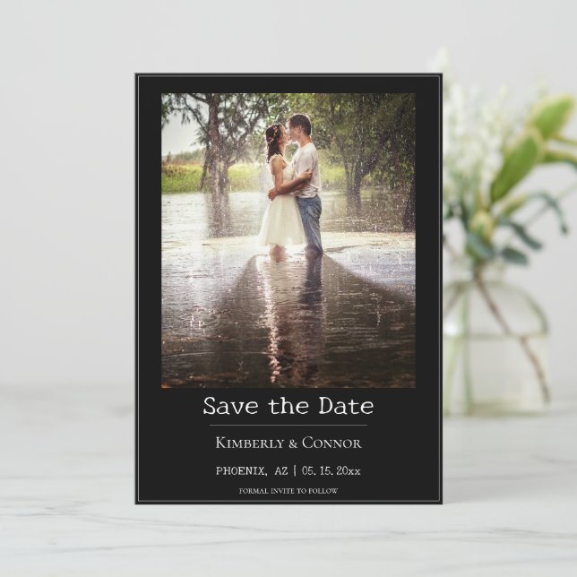 Black Minimalist Modern Photo  Save The Date (Standing Front)