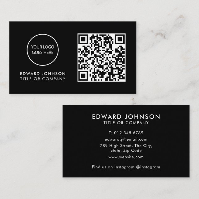 Black Minimalist Modern Professional  QR Code Business Card (Front/Back)