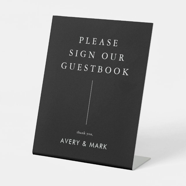 Black Minimalist Modern Wedding Guest Book Pedestal Sign (Front)