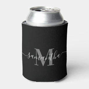 Black Minimalist Monogram Can Cooler
