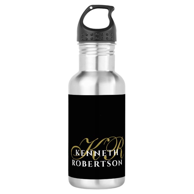 Black Minimalist Monogram Gold White Elegant Men 532 Ml Water Bottle (Front)