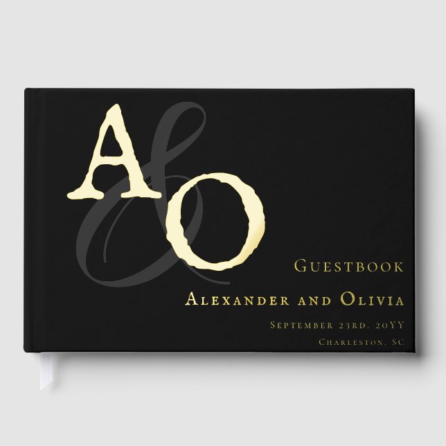 Black Minimalist Monogram Wedding Guest Book (Front)