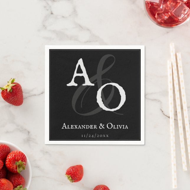 Black Minimalist Monogram Wedding Napkin (Insitu)