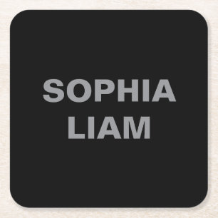 Black Minimalist Personalized Name Square Design Paper Coaster
