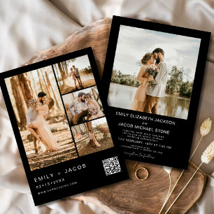 Black Minimalist Photo QR code Wedding Invitation