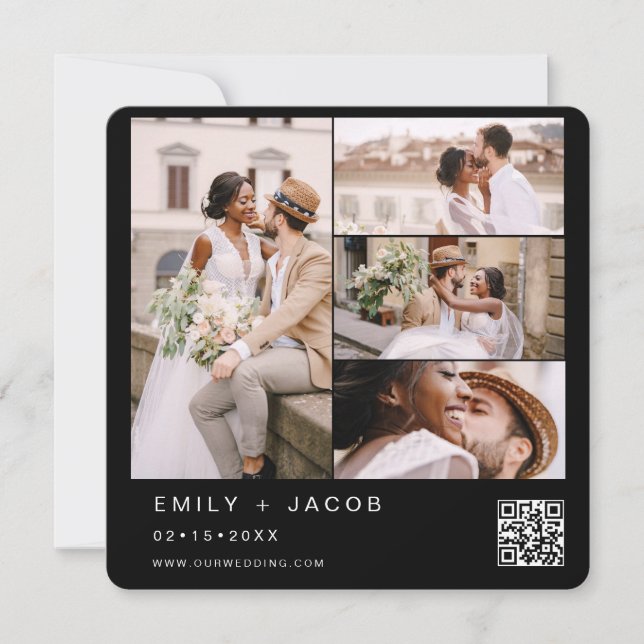 Black Minimalist Photo QR code Wedding Invitation (Front)