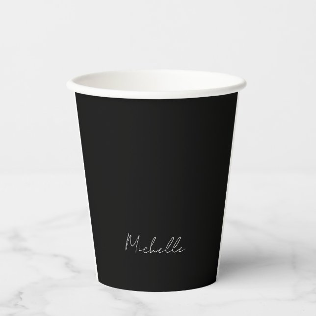 Black Minimalist Plain Modern Own Name Calligraphy Paper Cups (Front)