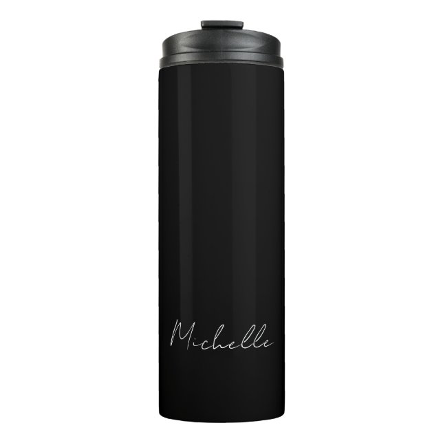 Black Minimalist Plain Modern Own Name Calligraphy Thermal Tumbler (Front)