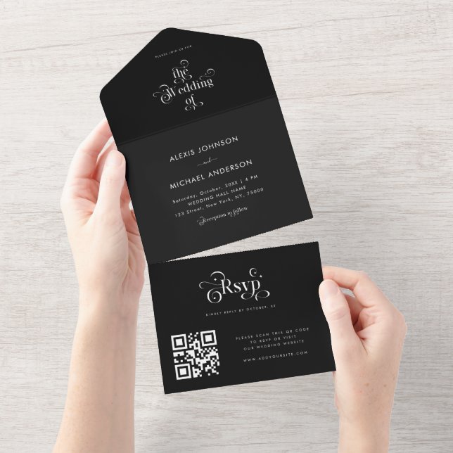 Black Minimalist Retro Typography QR Code All In One Invitation (Tearaway)