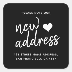 Black Minimalist Rustic Script New Address Square Sticker