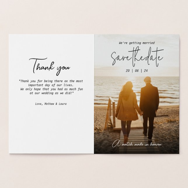Black Minimalist Save the Date With Photo, Boho  Foil Card (Inside)