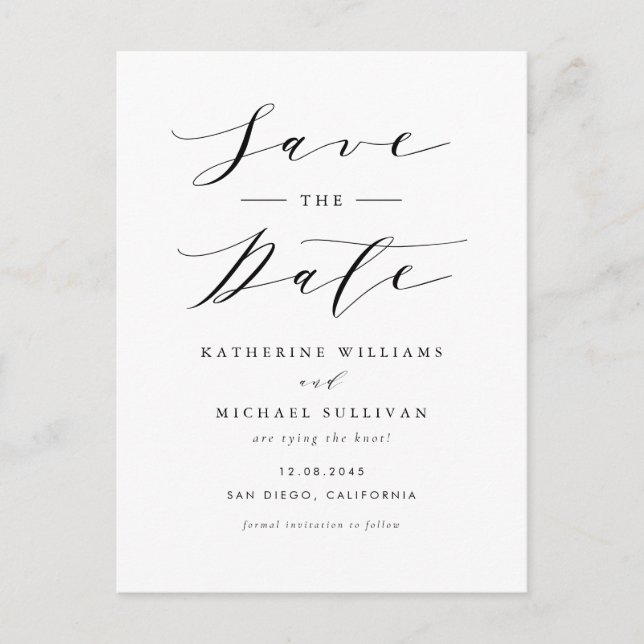 Black Minimalist Script QR Code Save the Date Postcard (Front)