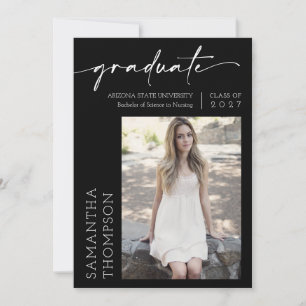 Black Minimalist Script Two Photo Graduation Party Invitation
