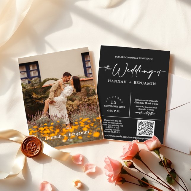 Black Minimalist Script Wedding Arch QR Code Photo Invitation (Creator Uploaded)