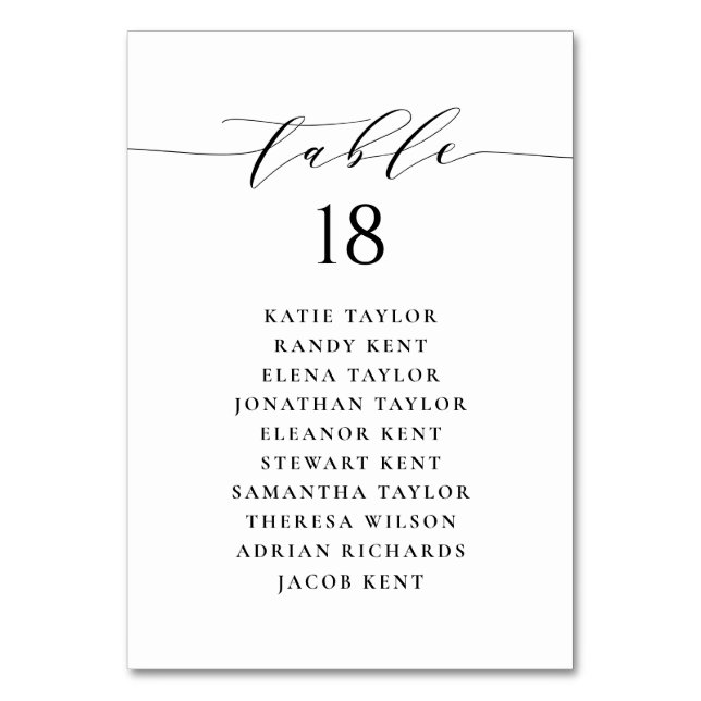 Black Minimalist Script Wedding Seating Plan Table Number (Front)
