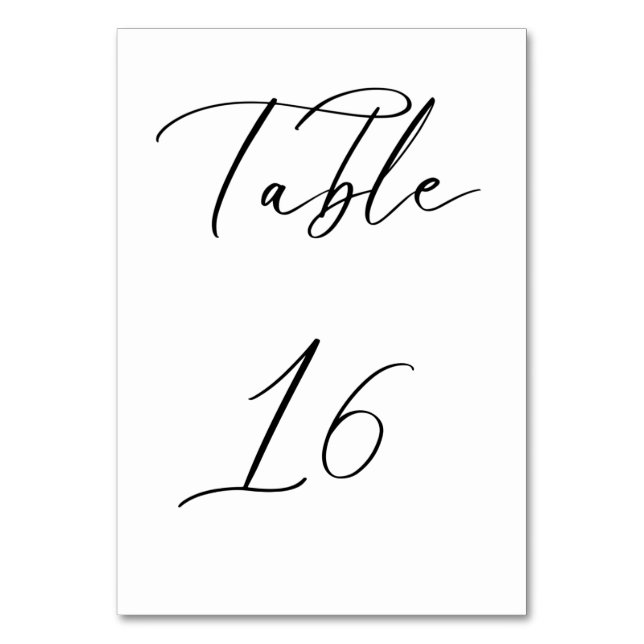 Black Minimalist Script Wedding Table Number Card (Front)