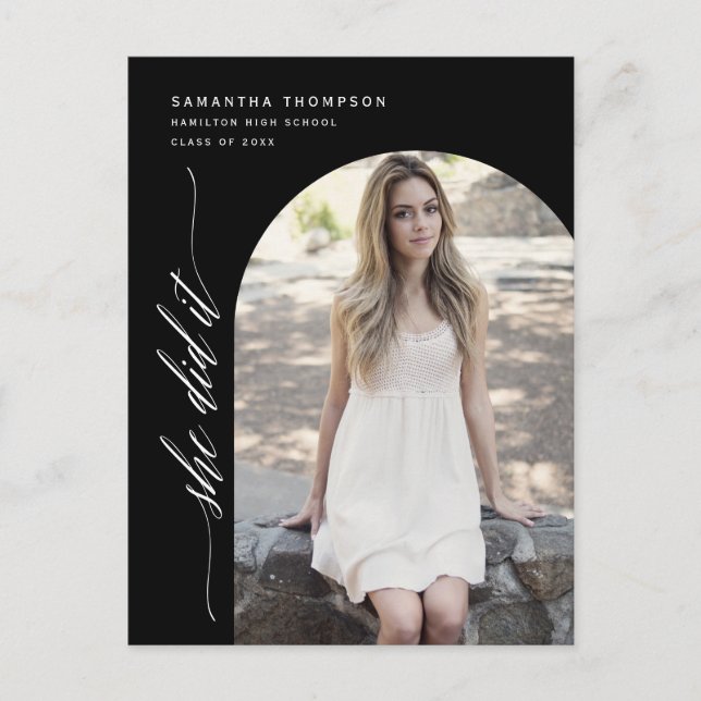 Black Minimalist She Did It Graduation Arch Photo  Postcard (Front)