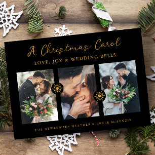 Black Minimalist Snowflakes Newlyweds 3 Photos Holiday Card