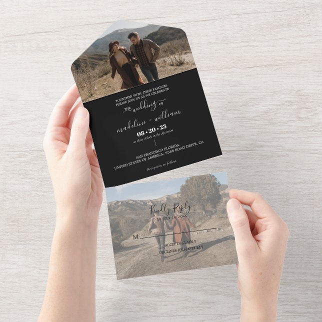 Black Minimalist Trendy Photo Wedding All In One Invitation (Tearaway)