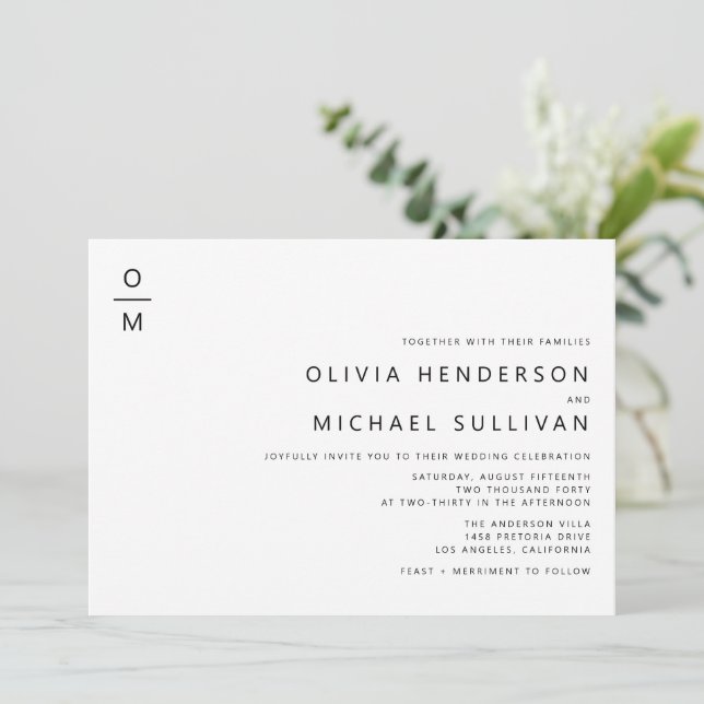 Black Minimalist Typography Monogram Wedding Invitation (Standing Front)
