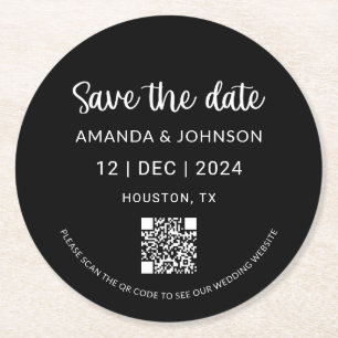 Black Minimalist Wedding Save the Date QR Code  Round Paper Coaster