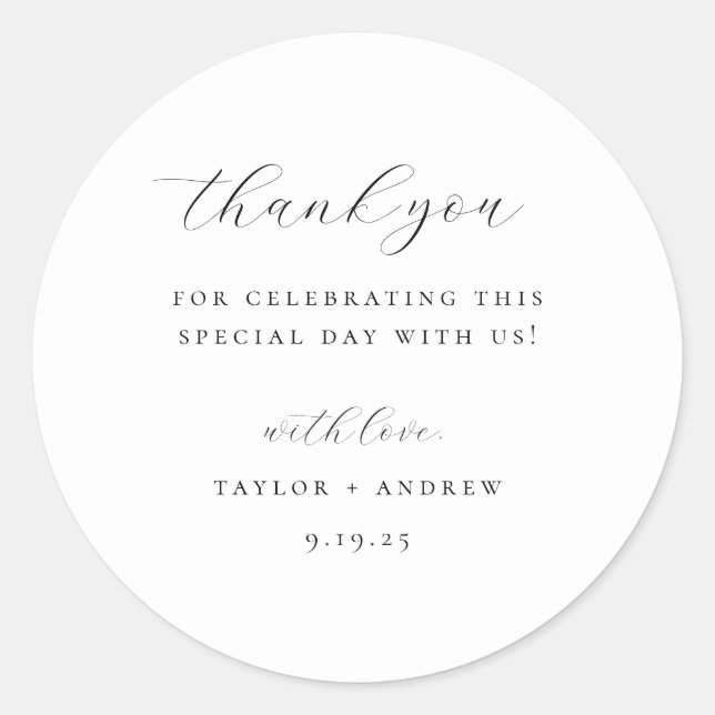 Black Minimalist Wedding Thank You  Classic Round Sticker (Front)