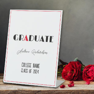 Black minimalist white red graduation name pedestal sign