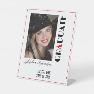 Black minimalist white red graduation name photo  pedestal sign