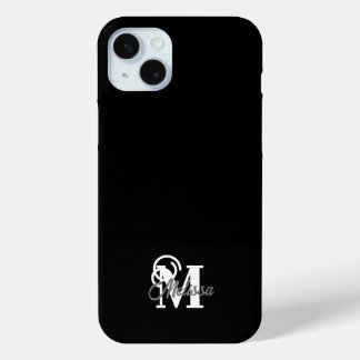 Black minimalistic monogramed iPhone 15 mini case