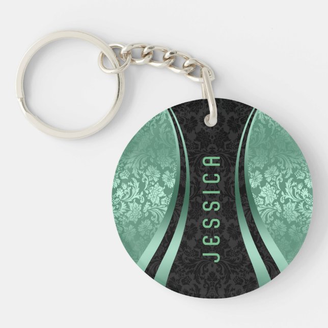 Black & Mint-Green Floral Damasks Pattern Keychain (Front)