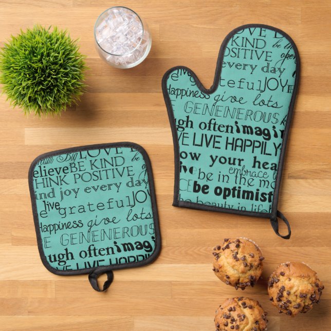 Black Mint Inspirational Words Oven Mitt & Pot Holder Set (Top Down)