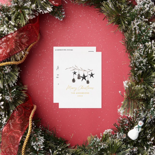 Black mocha modern scandi botanical Christmas  Foil Holiday Postcard (Insitu)