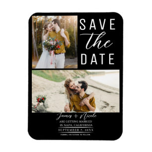 Black Modern 2 Photos Save the Date Wedding Magnet