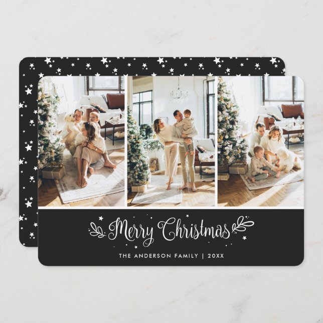 Black Modern 3 Étoiles photo Joyeux Noël Carte (Devant / Derrière)