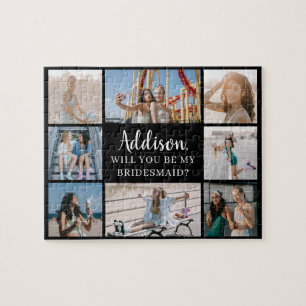 Black Modern 8 Photo Collage Bridesmaid Proposal Jigsaw Puzzle