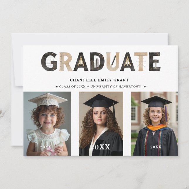 Black Modern Architecture Grad 3-Photo Timeline Invitation (Front)