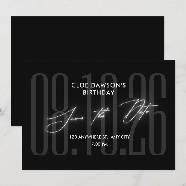 Black Modern birthday party Save The Date (Front/Back)