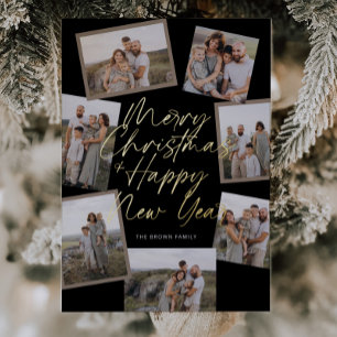 Black Modern Boho 8 Photo Collage Christmas Foil Holiday Card
