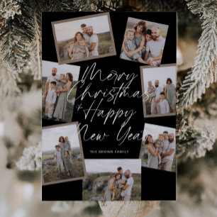 Black Modern Boho 8 Photo Collage Christmas Holiday Card