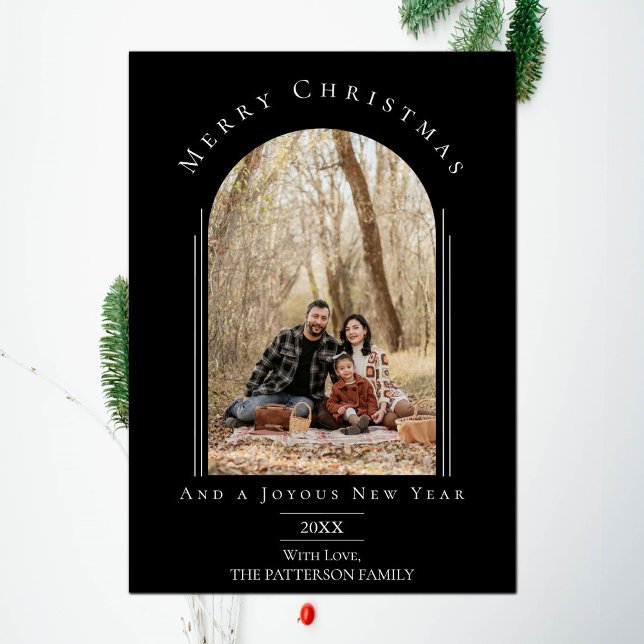Black Modern Boho Arch Frame Carte photo de vacanc (Black Modern Arch Frame Holiday Photo Card)