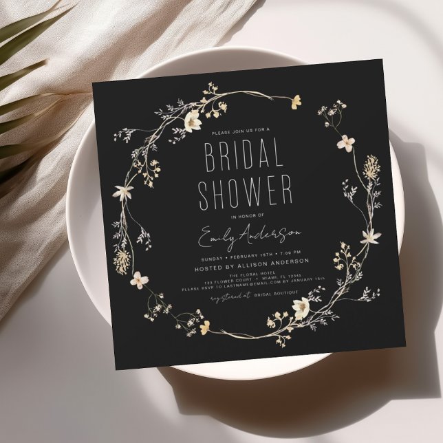 Black Modern Boho Wildflower Bridal Shower Elegant Invitation (Creator Uploaded)