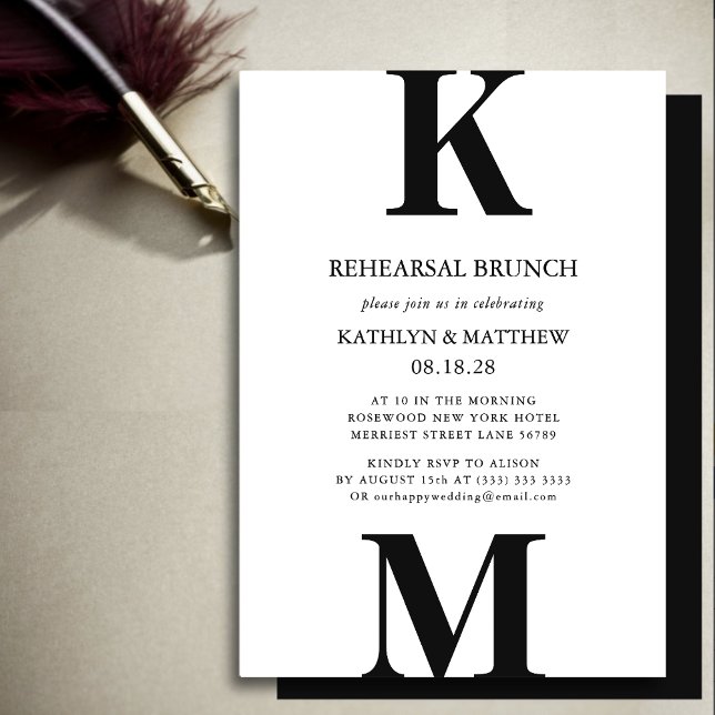 Black Modern Bold Monogram Rehearsal Brunch Invitation (Creator Uploaded)