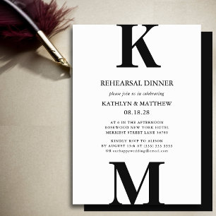 Black Modern Bold Monogram Rehearsal Dinner Invitation