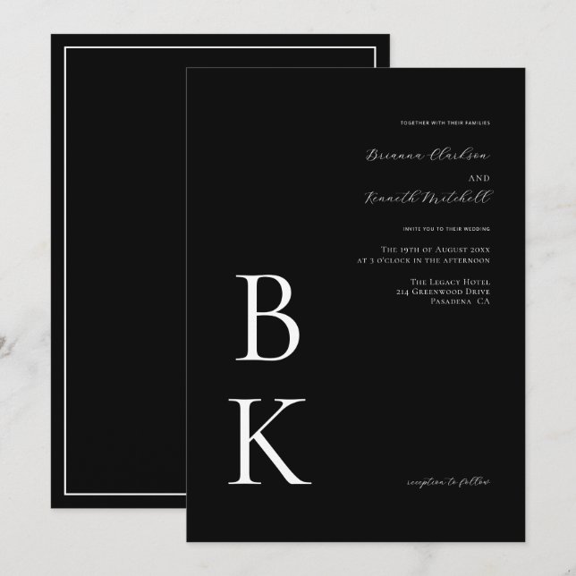 Black Modern Bold Monogram Typography Wedding Invitation (Front/Back)
