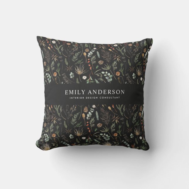 black modern botanical elegant contemporary  throw pillow (Front)