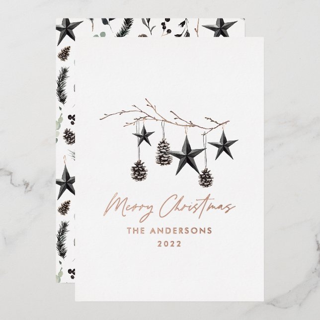 Black modern botanical real foil Christmas Foil Holiday Card (Front/Back)