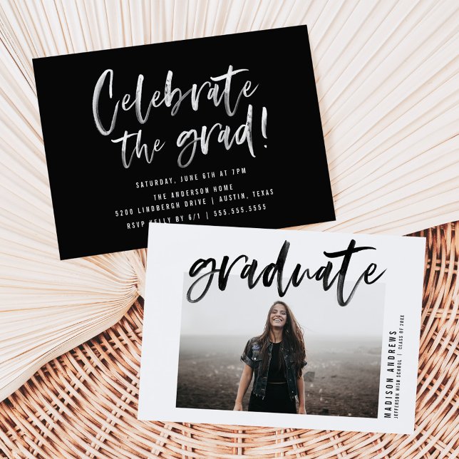 Black | Modern Brushed Script Graduation Party Invitation (Creator Uploaded)